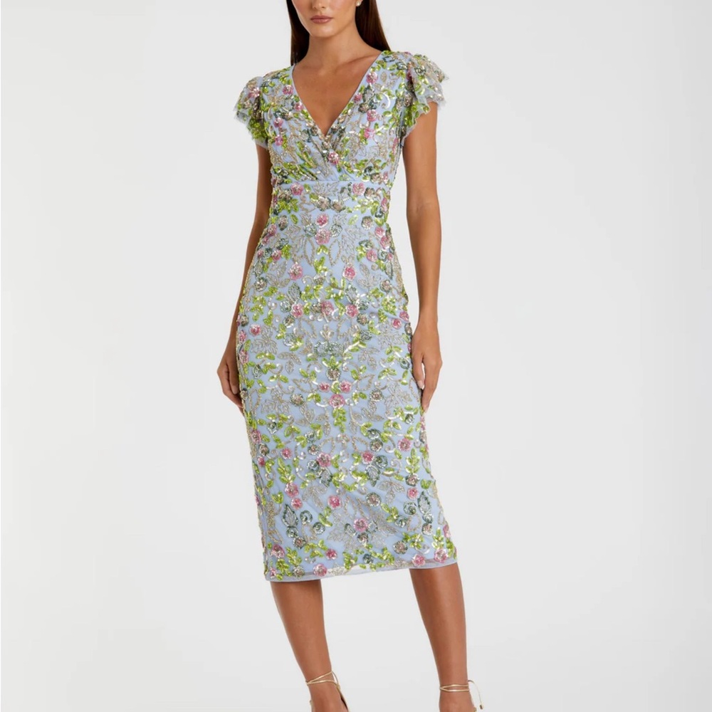 Mac Duggal Blue Floral Midi Dress